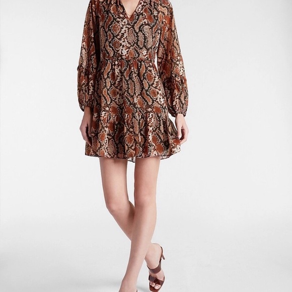 Express Brown and Black Snake Print Long Sleeve Dress - Picture 2 of 11